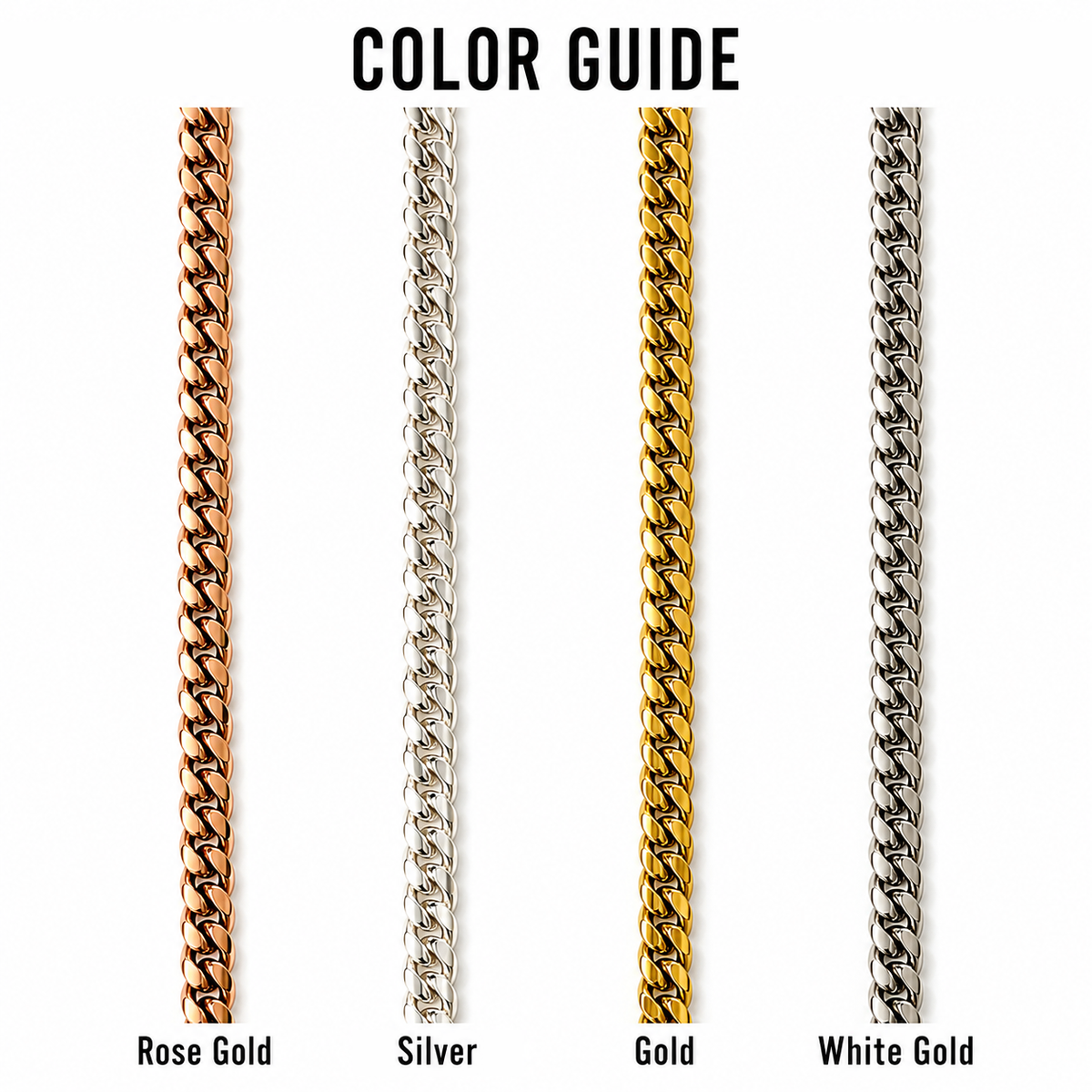 BLCKKRWN color guide showing rose gold, silver, gold and white gold finishes
